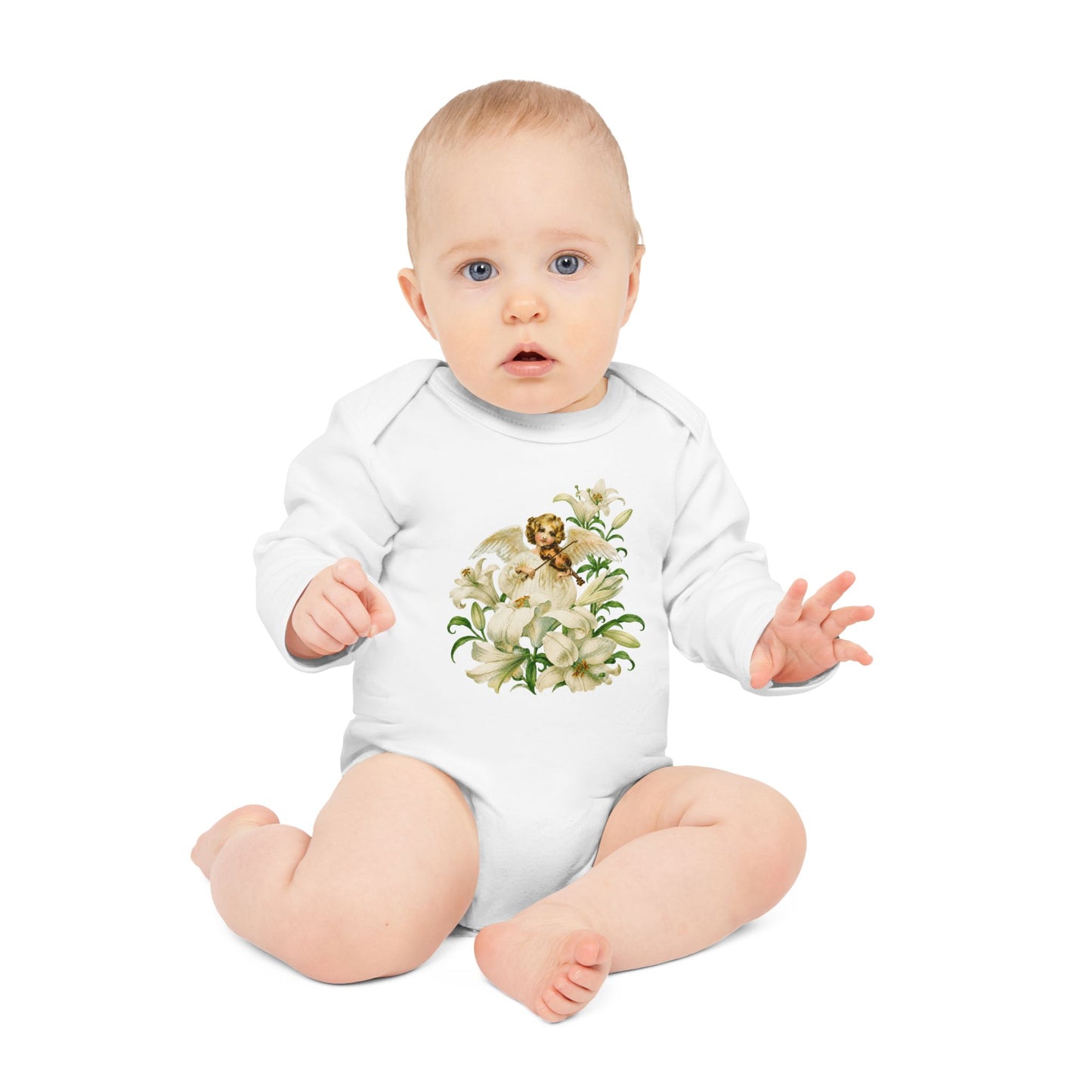 Vintage Angel with Violin Organic Cotton Long-Sleeve Baby Bodysuit