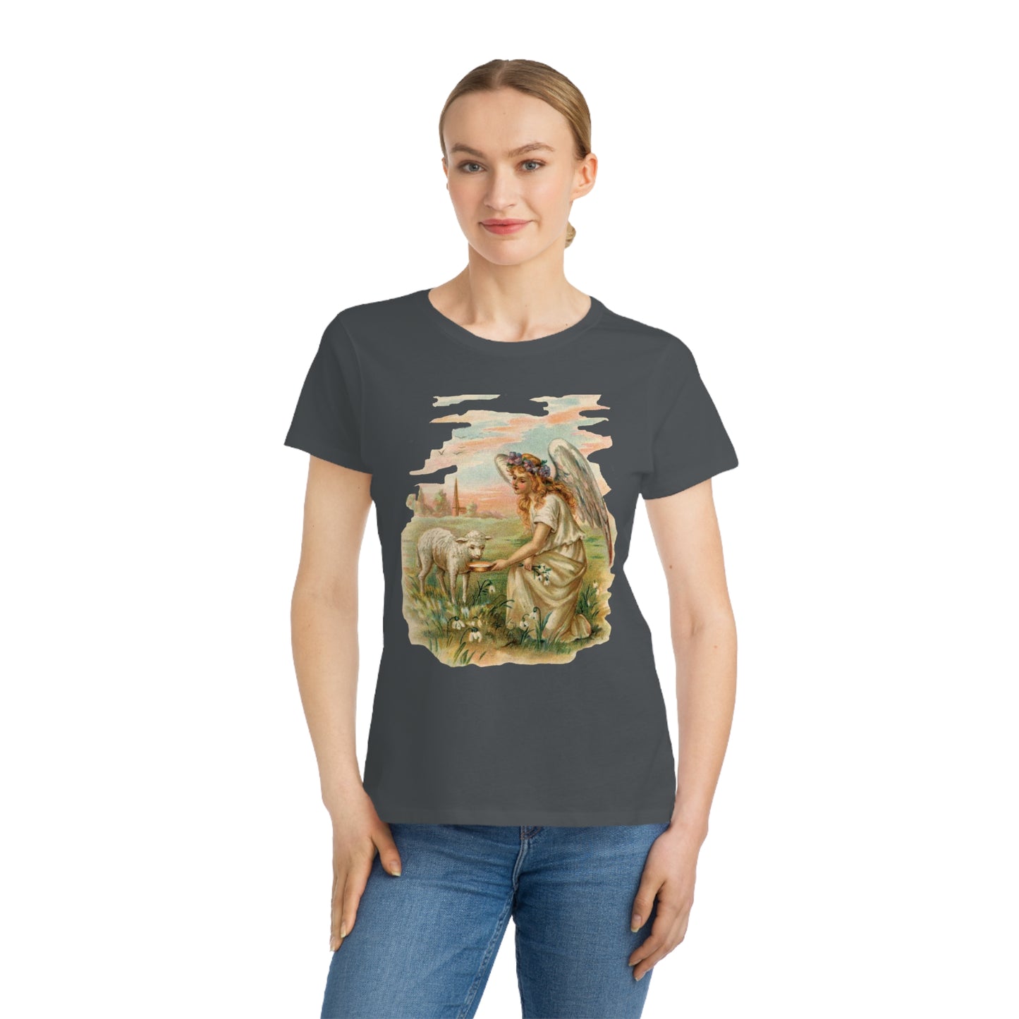 Victorian Organics Women's T-Shirt Cotton Short Sleeve Angel With Lamb