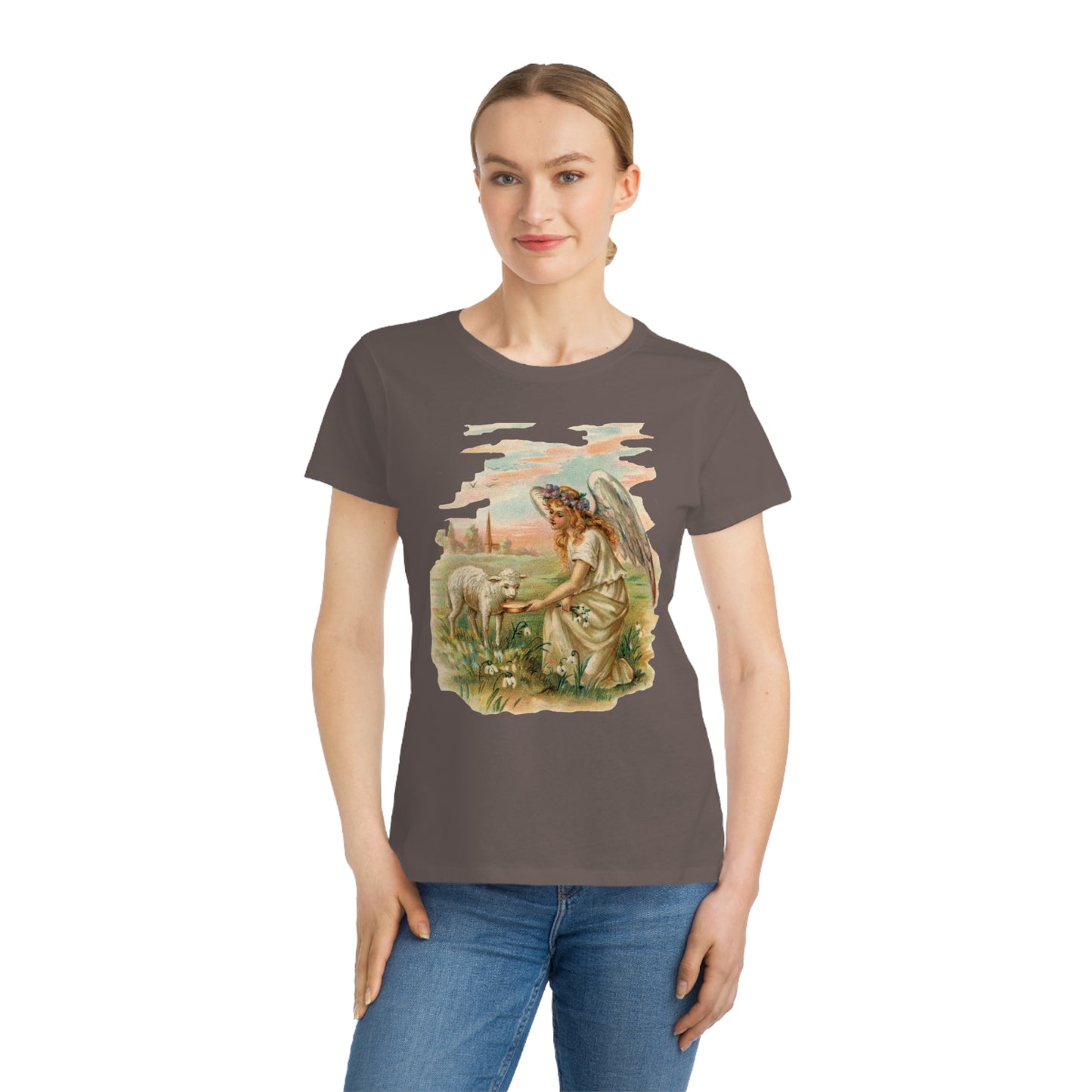 Victorian Organics Women's T-Shirt Cotton Short Sleeve Angel With Lamb