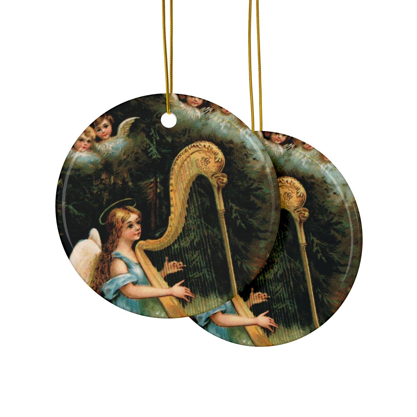 Angels with Harp in Woods, Ceramic Ornament, Christmas Tree Decor, Vintage Style Ornament, Holiday Collectible, Double-Sided