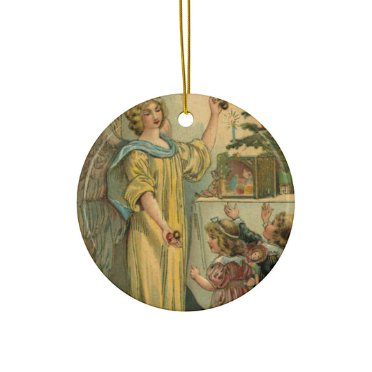 Angel with Children, Ceramic Ornament, Christmas Tree Decor, Vintage Style Ornament, Holiday Collectible, Double-Sided