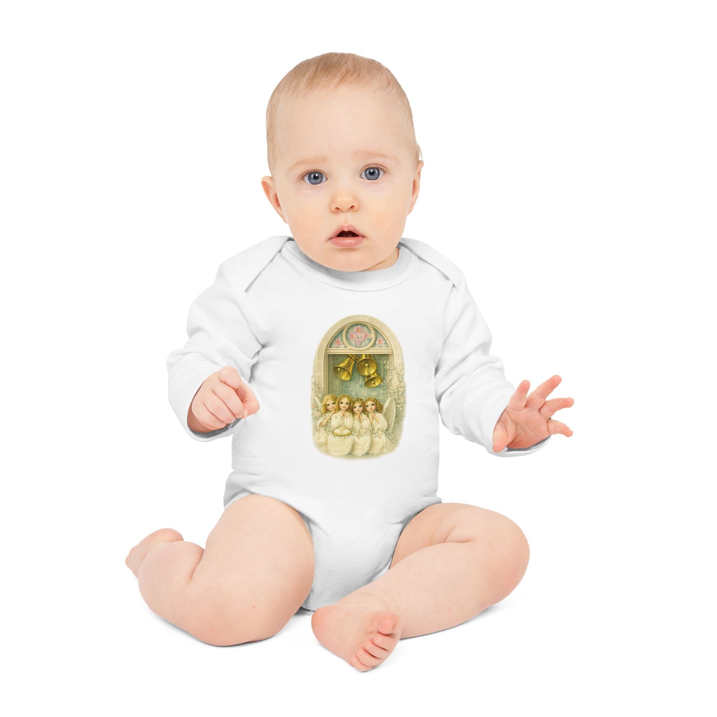 Praying Angels Under Church Bells Organic Cotton Long-Sleeve Baby Bodysuit