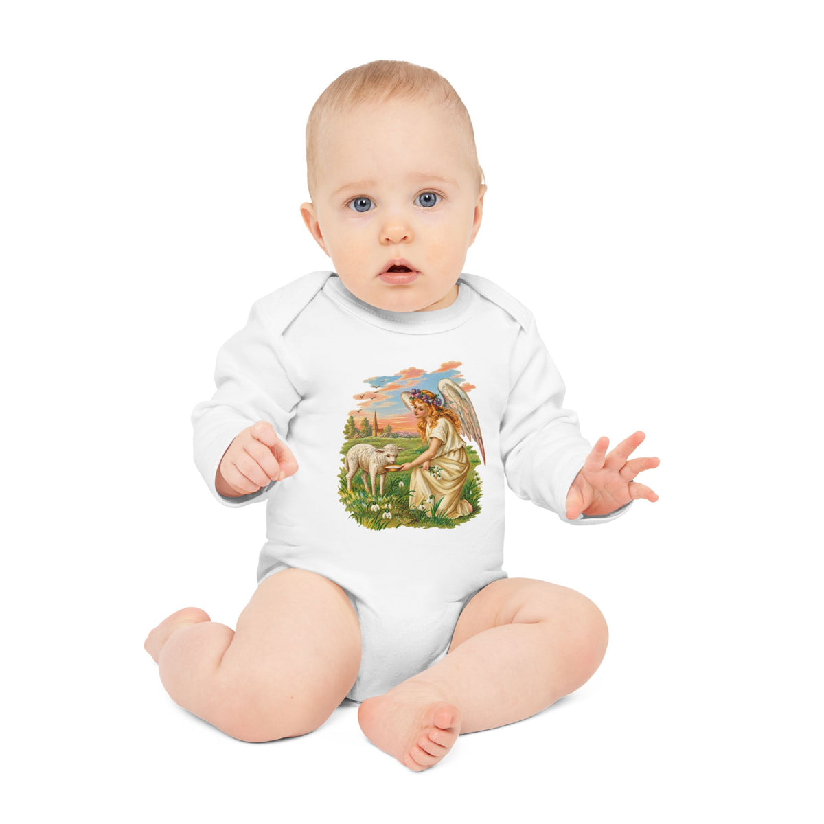 Antique Angel with Lamb Organic Cotton Long-Sleeve Baby Bodysuit