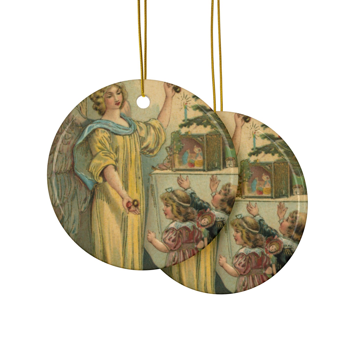 Angel with Children, Ceramic Ornament, Christmas Tree Decor, Vintage Style Ornament, Holiday Collectible, Double-Sided