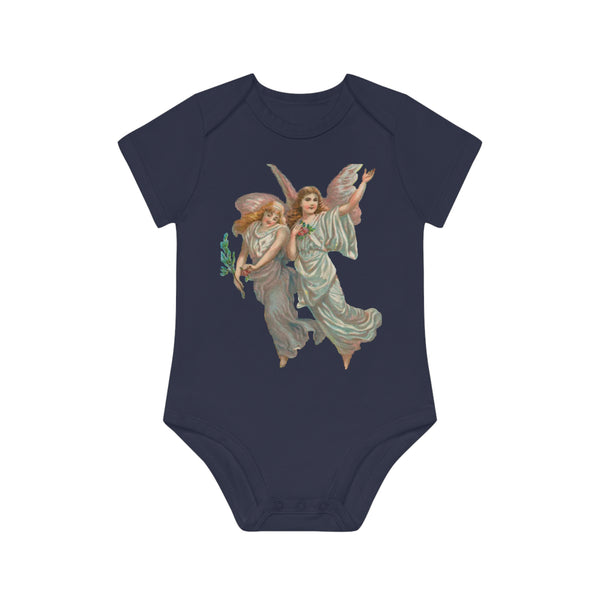 Victorian Organics baby bodysuit cotton short sleeve heavenly angel art - nautical navy