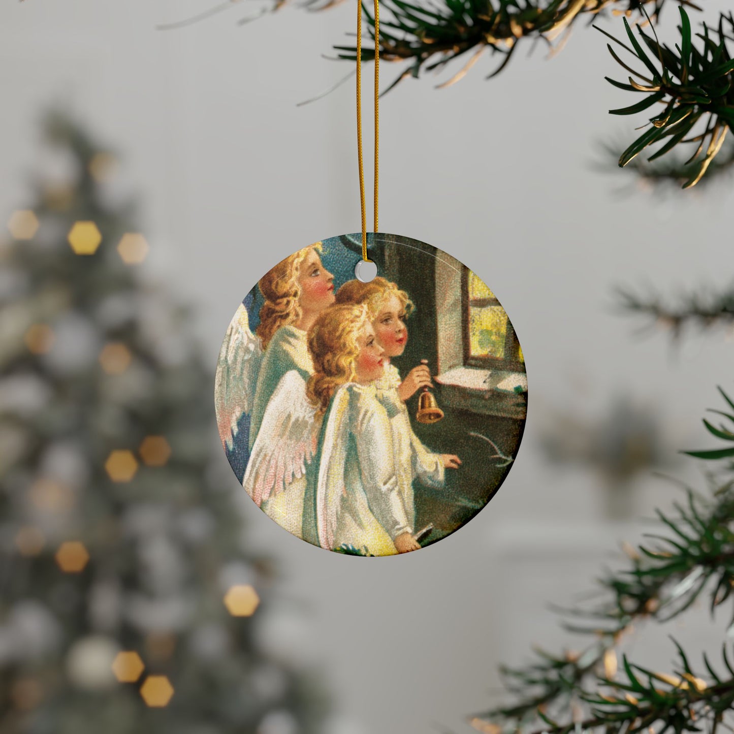 Angels at Window, Ceramic Ornament, Christmas Tree Decor, Vintage Style Ornament, Holiday Collectible, Double-Sided