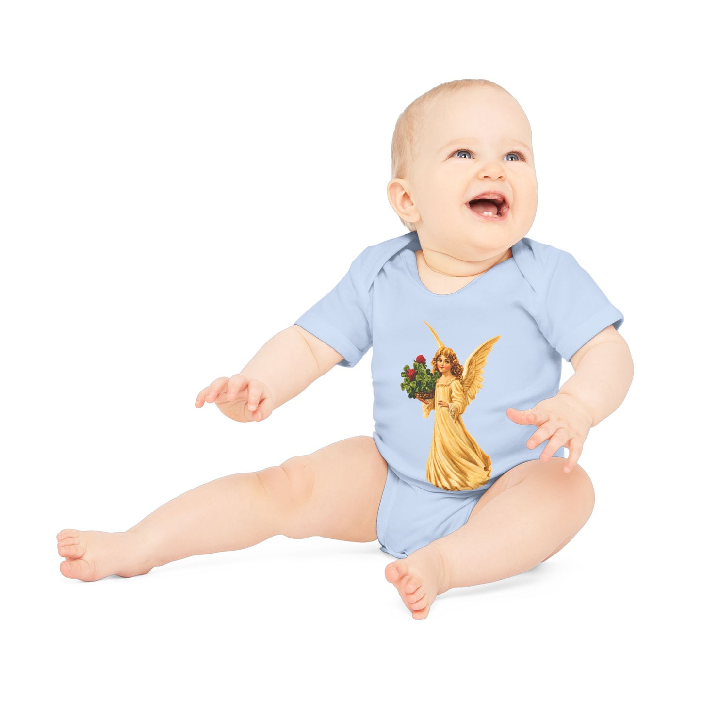 Vintage Angel with Four-Leaf Clover Organic Cotton Short-Sleeve Baby Bodysuit