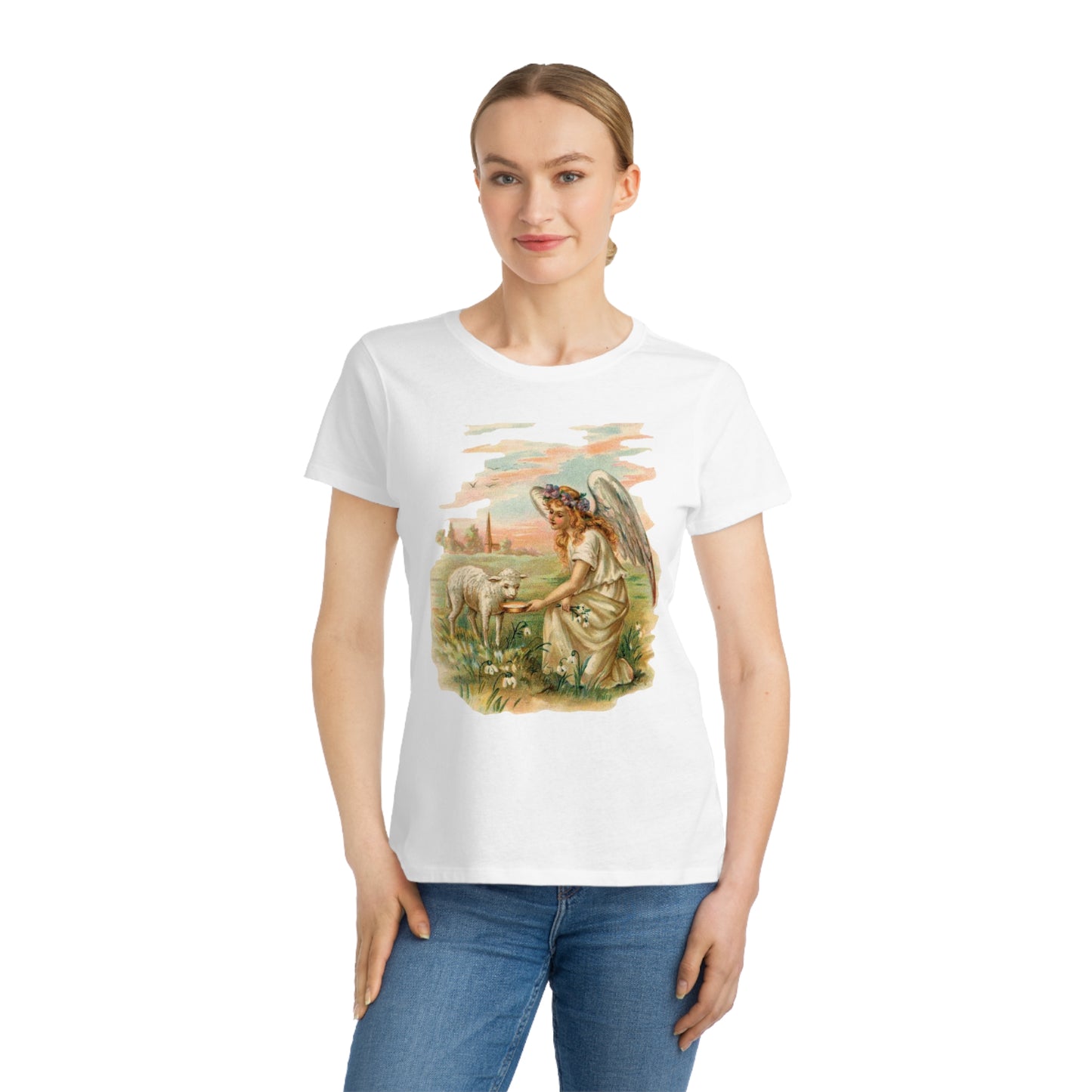 Victorian Organics Women's T-Shirt Cotton Short Sleeve Angel With Lamb