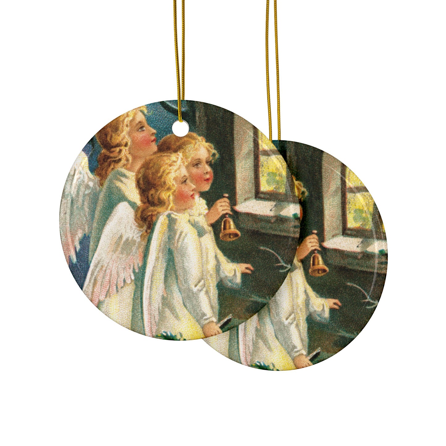 Angels at Window, Ceramic Ornament, Christmas Tree Decor, Vintage Style Ornament, Holiday Collectible, Double-Sided