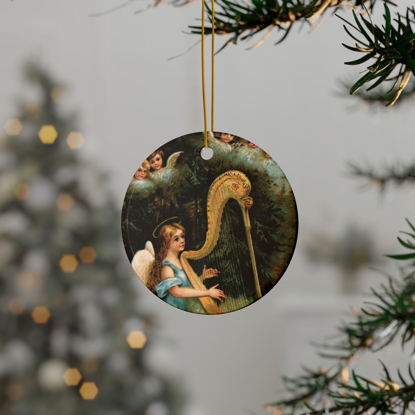 Angels with Harp in Woods, Ceramic Ornament, Christmas Tree Decor, Vintage Style Ornament, Holiday Collectible, Double-Sided