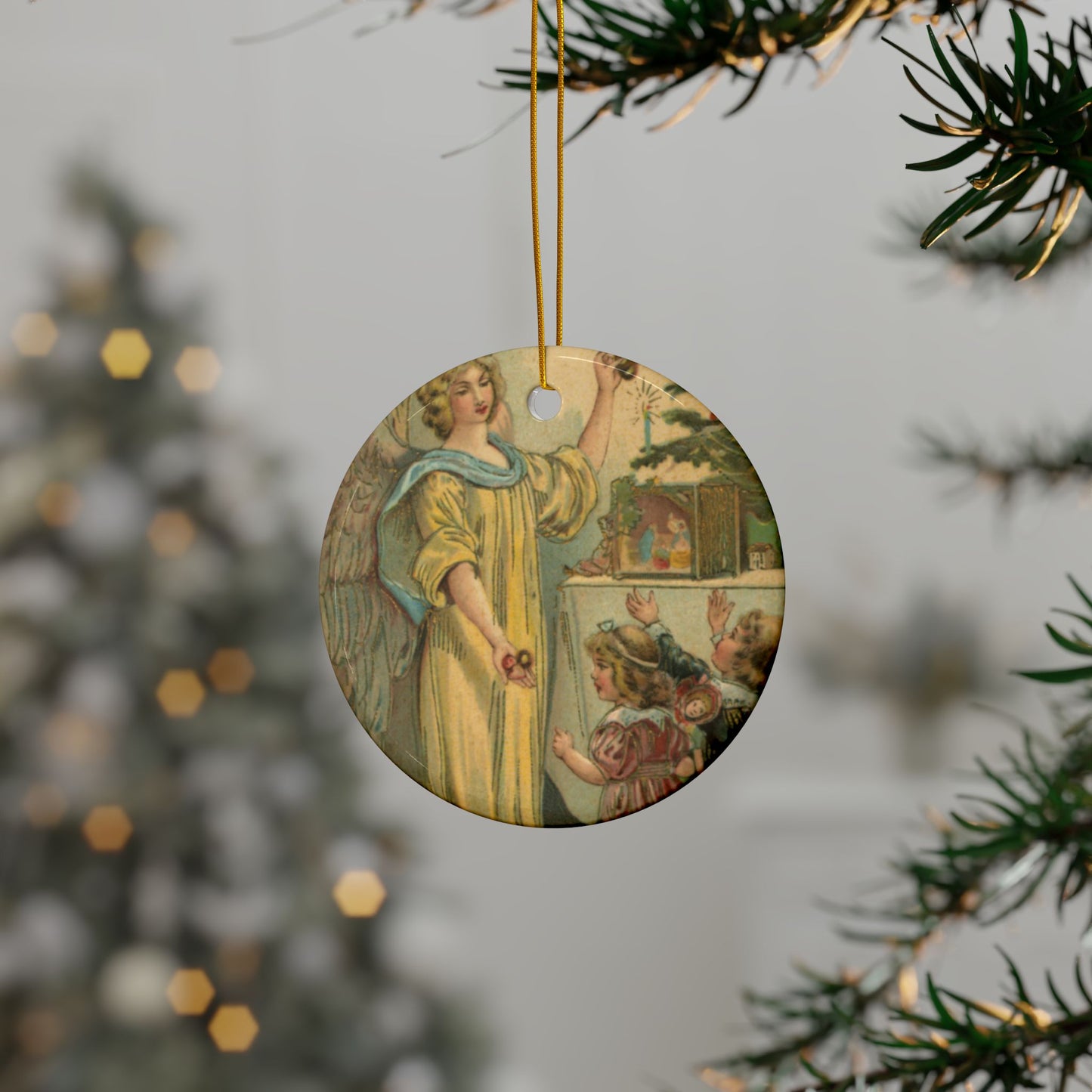 Angel with Children, Ceramic Ornament, Christmas Tree Decor, Vintage Style Ornament, Holiday Collectible, Double-Sided