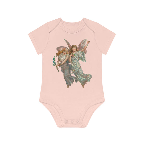 Victorian Organics baby bodysuit cotton short sleeve heavenly angel art - powder pink