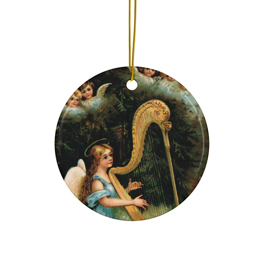 Angels with Harp in Woods, Ceramic Ornament, Christmas Tree Decor, Vintage Style Ornament, Holiday Collectible, Double-Sided