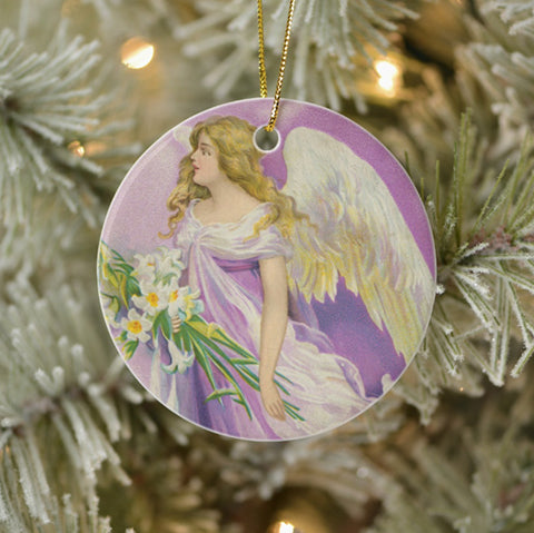 Vintage Style Collectible Art Ornament - Angel in Purple with Lilies