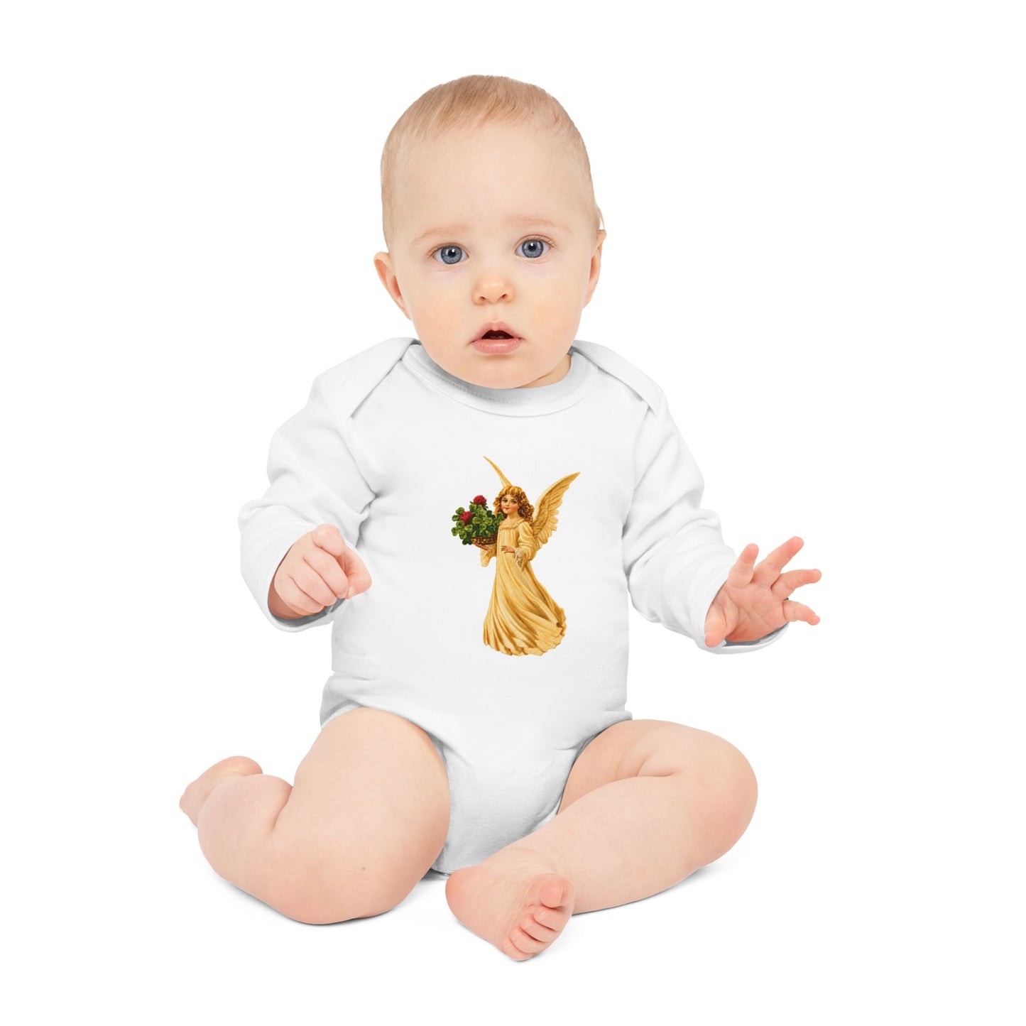 Vintage Angel with Four-Leaf Clover Organic Cotton Long-Sleeve Baby Bodysuit
