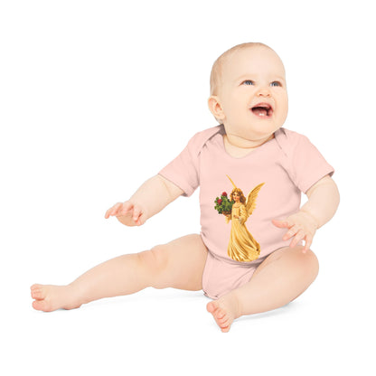 Vintage Angel with Four-Leaf Clover Organic Cotton Short-Sleeve Baby Bodysuit