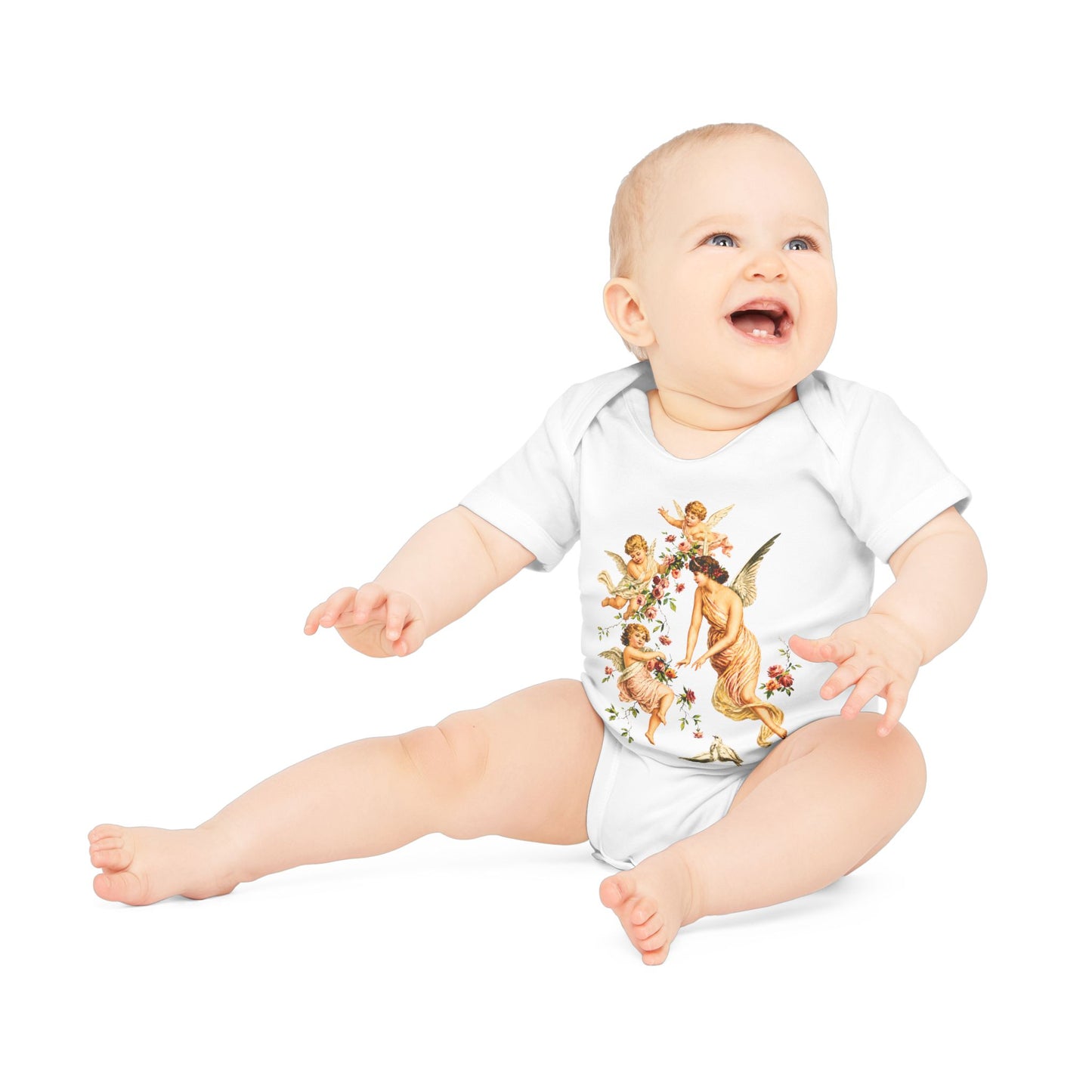 Victorian Angel with Cherubs Organic Cotton Short-Sleeve Baby Bodysuit