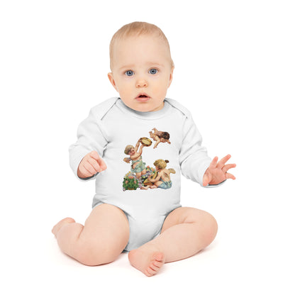 Victorian Organics baby bodysuit cotton long sleeve cherub musicians