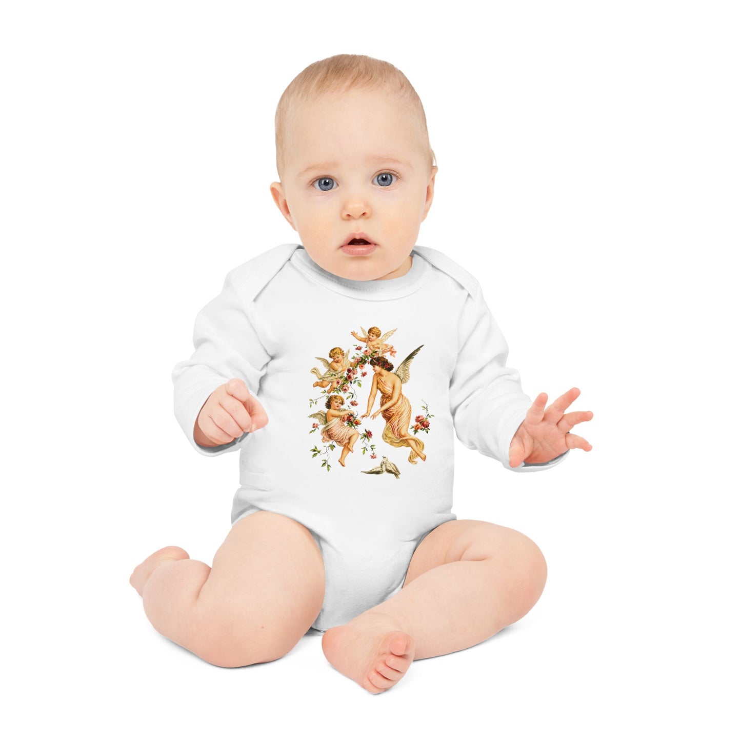 Victorian Angel with Cherubs Organic Cotton Long-Sleeve Baby Bodysuit
