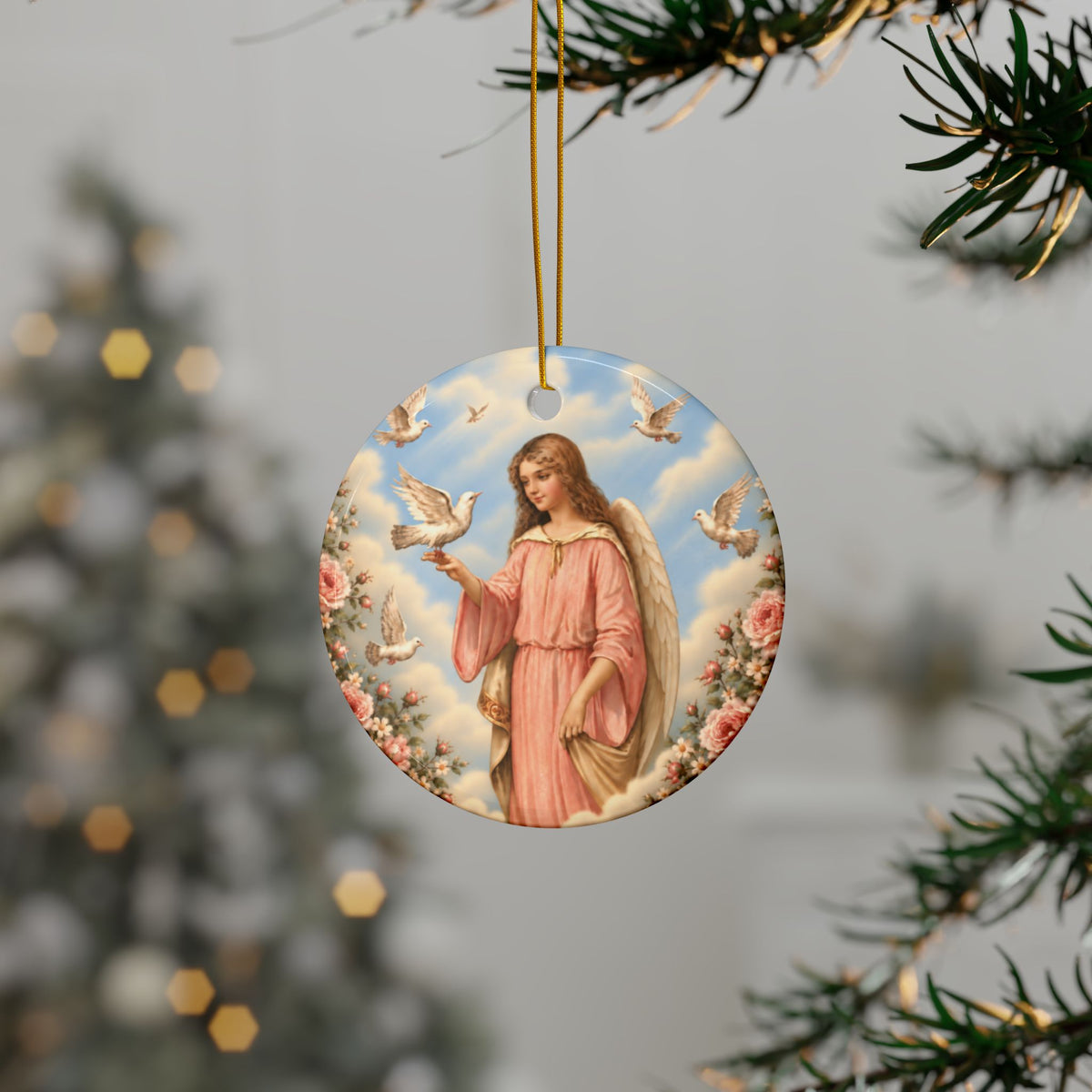 Victorian Peace Angel with Dove Ceramic Ornament, Double-Sided Keepsake