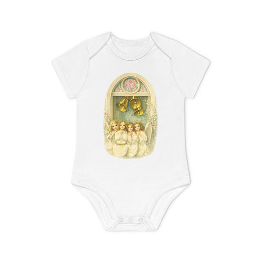 Praying Angels Under Church Bells white organic cotton short-sleeve baby bodysuit