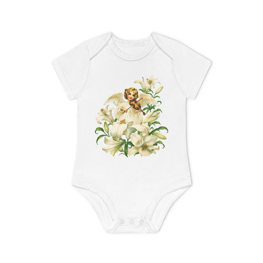 Vintage Angel with Violin Organic Cotton Short-Sleeve Baby Bodysuit