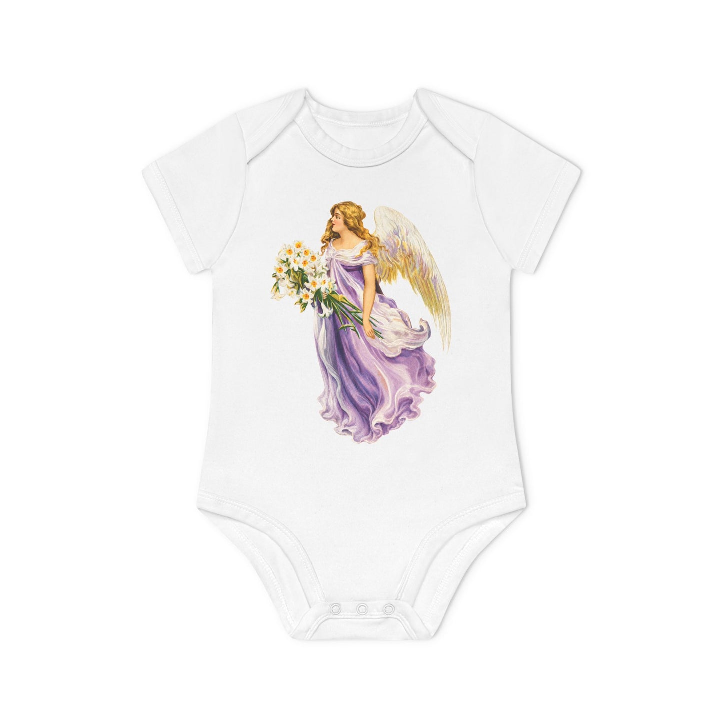 Vintage Angel in Purple white organic cotton short-sleeve baby bodysuit