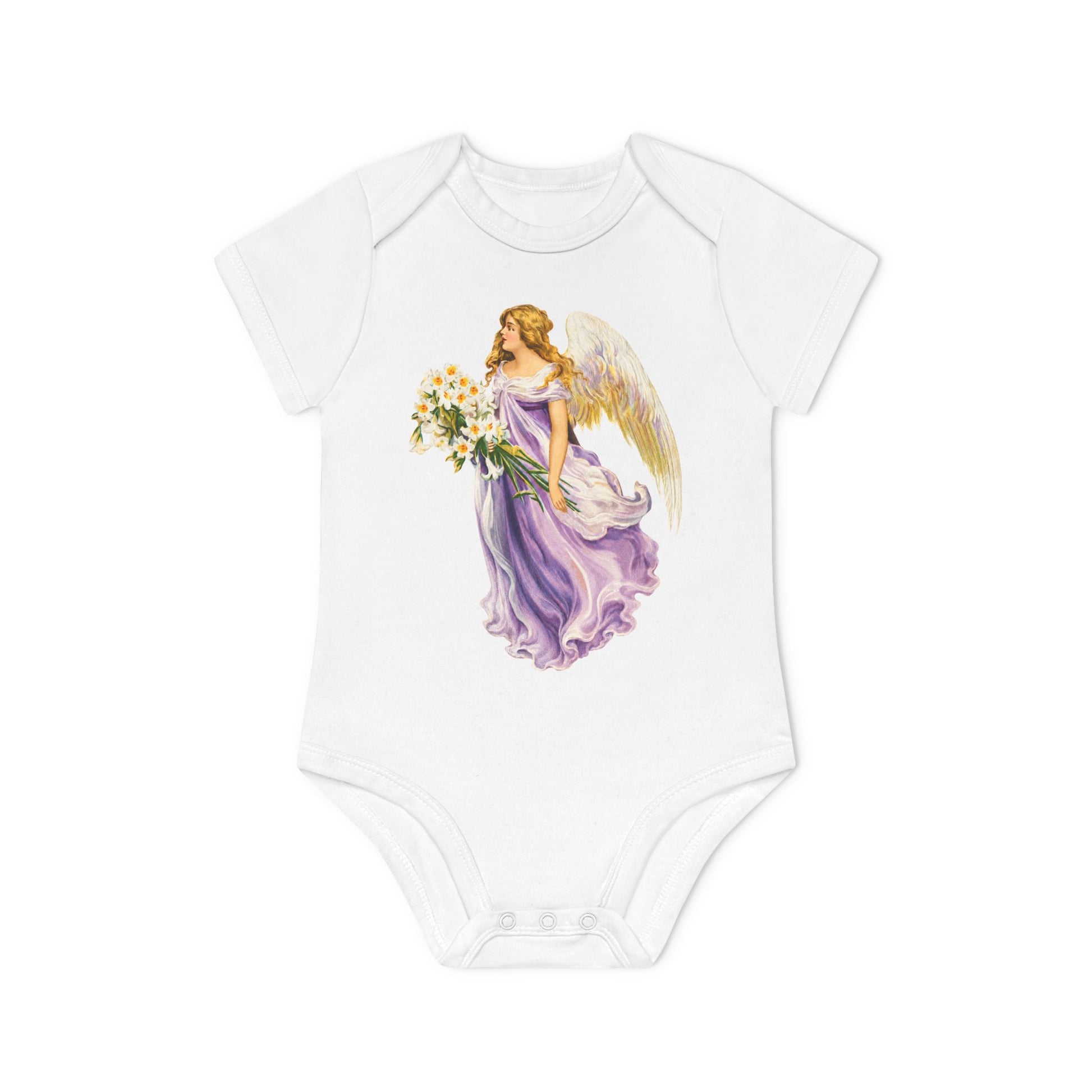 Vintage Angel in Purple white organic cotton short-sleeve baby bodysuit