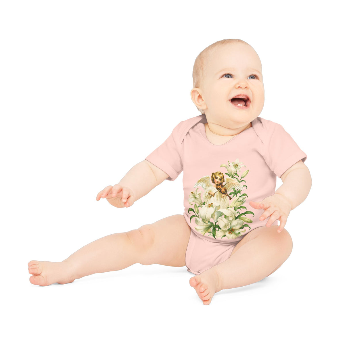 Vintage Angel with Violin Organic Cotton Short-Sleeve Baby Bodysuit