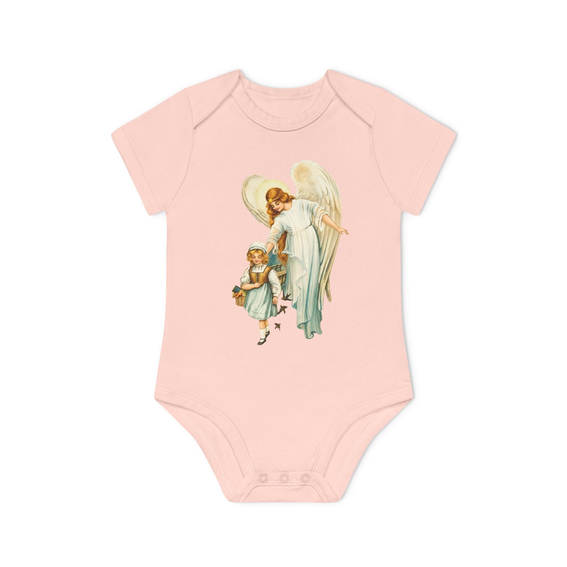 Victorian Guardian Angel with Girl powder pink organic cotton short-sleeve baby bodysuit