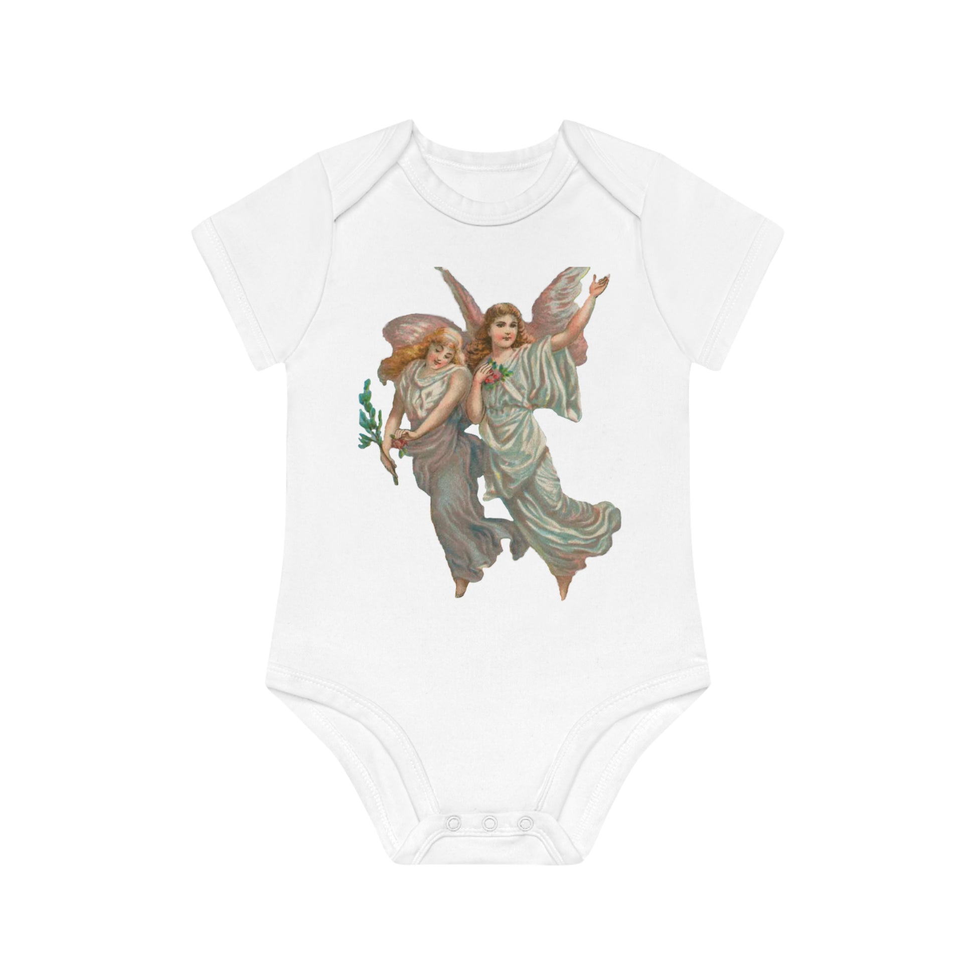 Victorian Organics baby bodysuit cotton short sleeve heavenly angel art - white