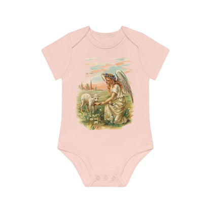 Victorian Organics baby bodysuit cotton short sleeve angel with lamb