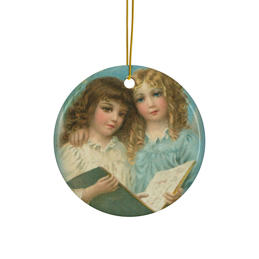 Angels With Book, Ceramic Ornament, Christmas Tree Decor, Vintage Style Ornament, Holiday Collectible, Double-Sided