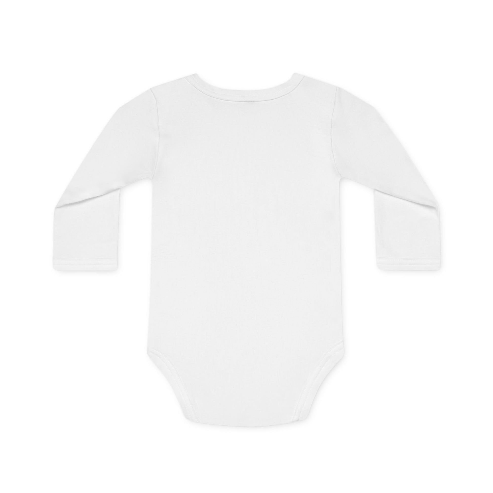 Back view of white organic cotton long-sleeve baby bodysuit