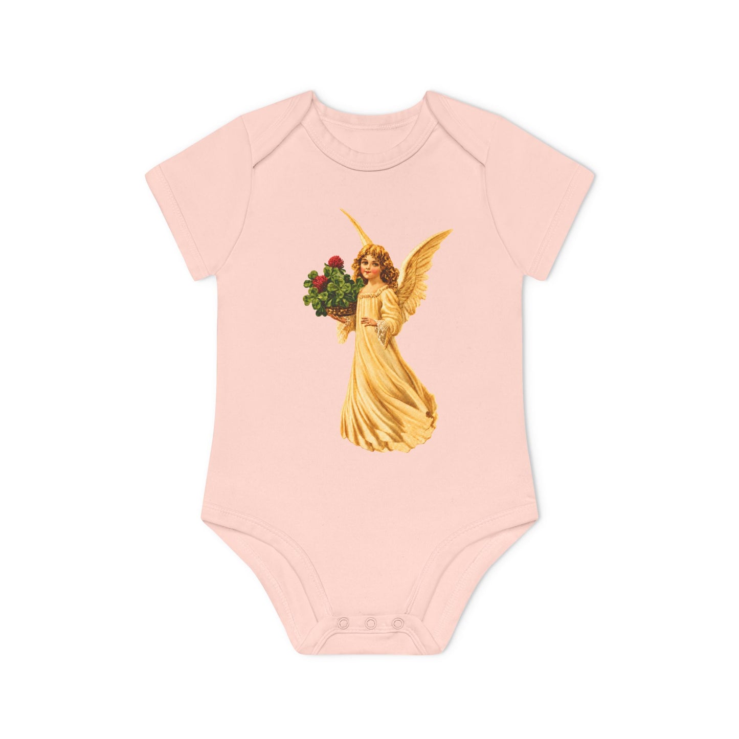 Vintage Angel with Four-Leaf Clover Organic Cotton Short-Sleeve Baby Bodysuit