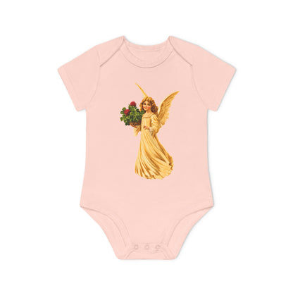 Vintage Angel with Four-Leaf Clover Organic Cotton Short-Sleeve Baby Bodysuit