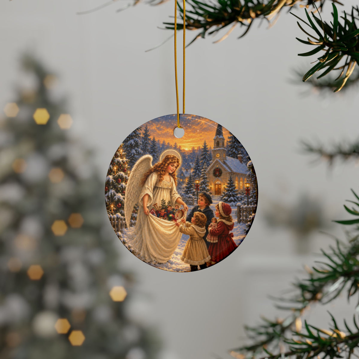 Angel with Toys Ceramic Christmas Ornament, Double-Sided Keepsake