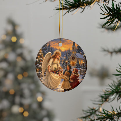 Angel with Toys Ceramic Christmas Ornament, Double-Sided Keepsake