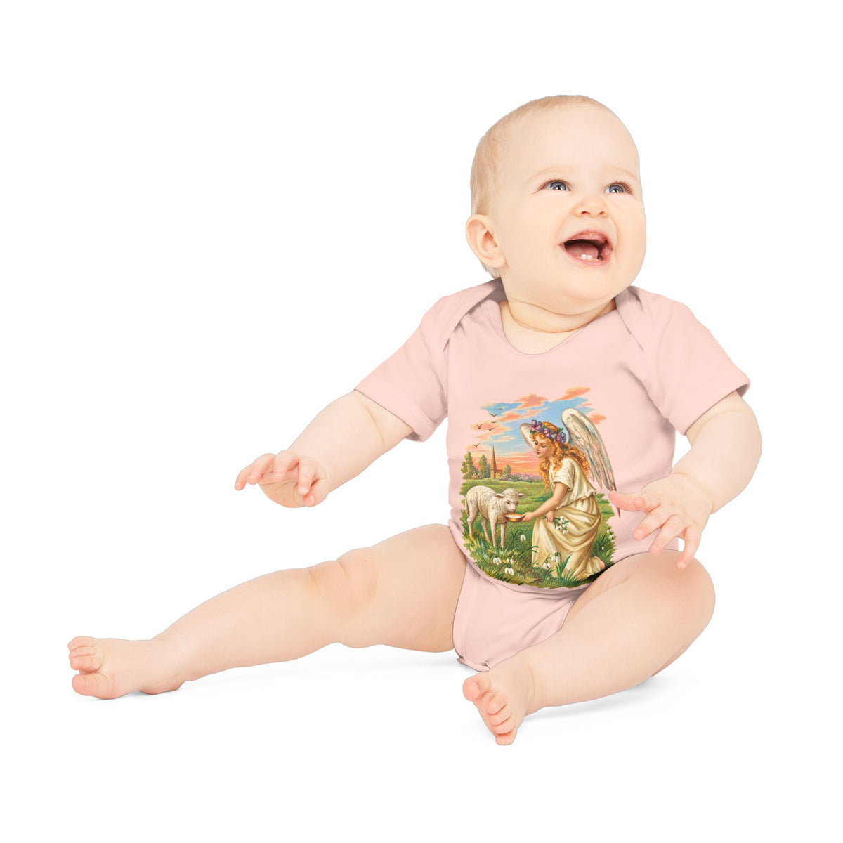 Antique Angel with Lamb Organic Cotton Short-Sleeve Baby Bodysuit