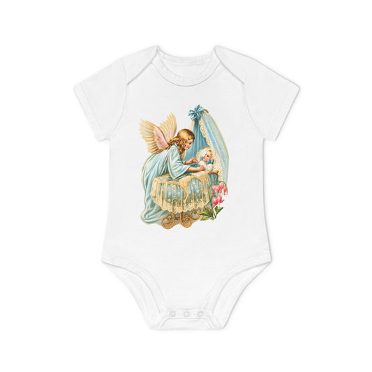 Guardian Angel by the Bassinet white organic cotton short-sleeve baby bodysuit
