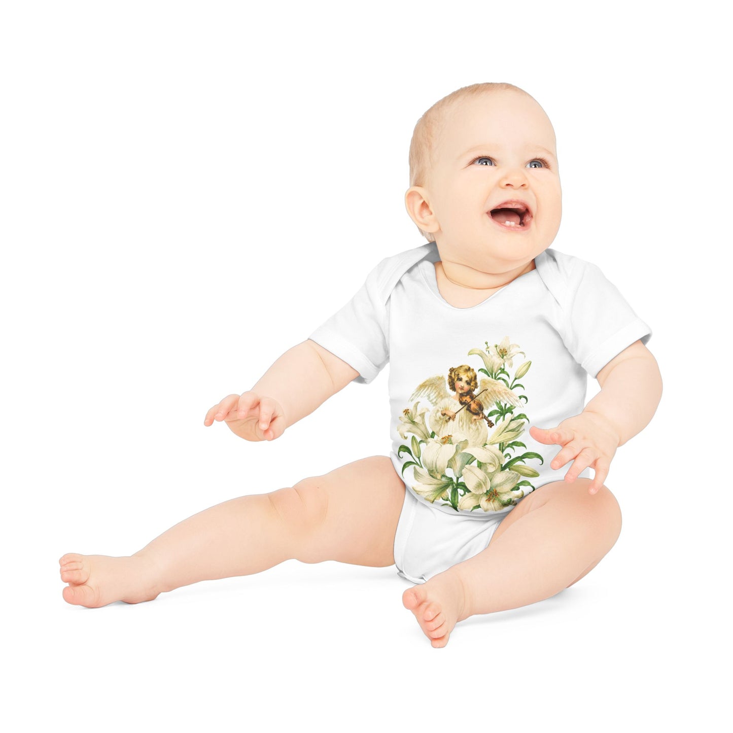Vintage Angel with Violin Organic Cotton Short-Sleeve Baby Bodysuit