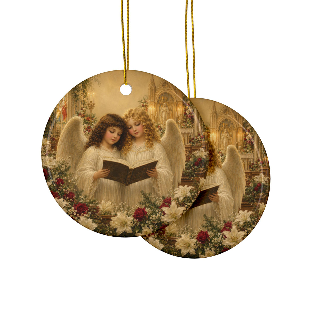 Angels with Song Book Ceramic Christmas Ornament, Double-Sided Keepsake