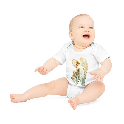 Victorian Guardian Angel with Girl Organic Cotton Short-Sleeve Baby Bodysuit