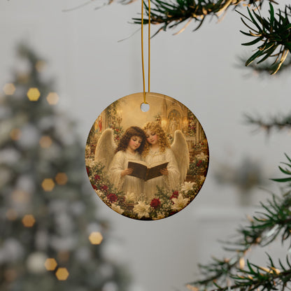 Angels with Song Book Ceramic Christmas Ornament, Double-Sided Keepsake