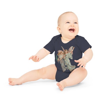 Victorian Organics baby bodysuit cotton short sleeve heavenly angel art - nautical navy