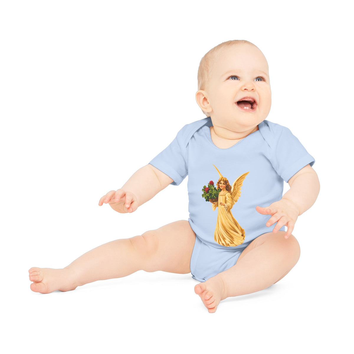 Vintage Angel with Four-Leaf Clover Organic Cotton Short-Sleeve Baby Bodysuit