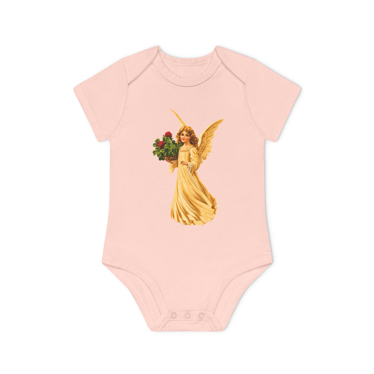 Vintage Angel with Four-Leaf Clover Organic Cotton Short-Sleeve Baby Bodysuit