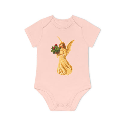 Vintage Angel with Four-Leaf Clover Organic Cotton Short-Sleeve Baby Bodysuit