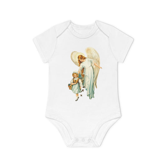 Victorian Guardian Angel with Girl white organic cotton short-sleeve baby bodysuit