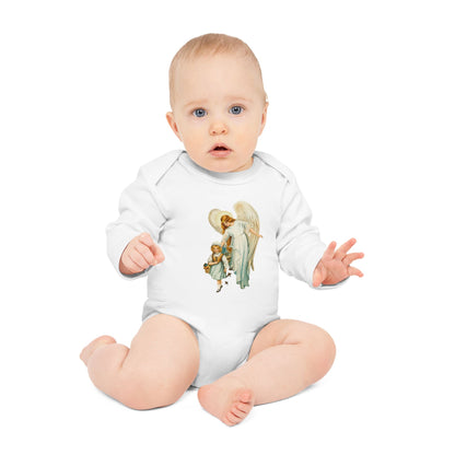 Victorian Guardian Angel with Girl Organic Cotton Long-Sleeve Baby Bodysuit